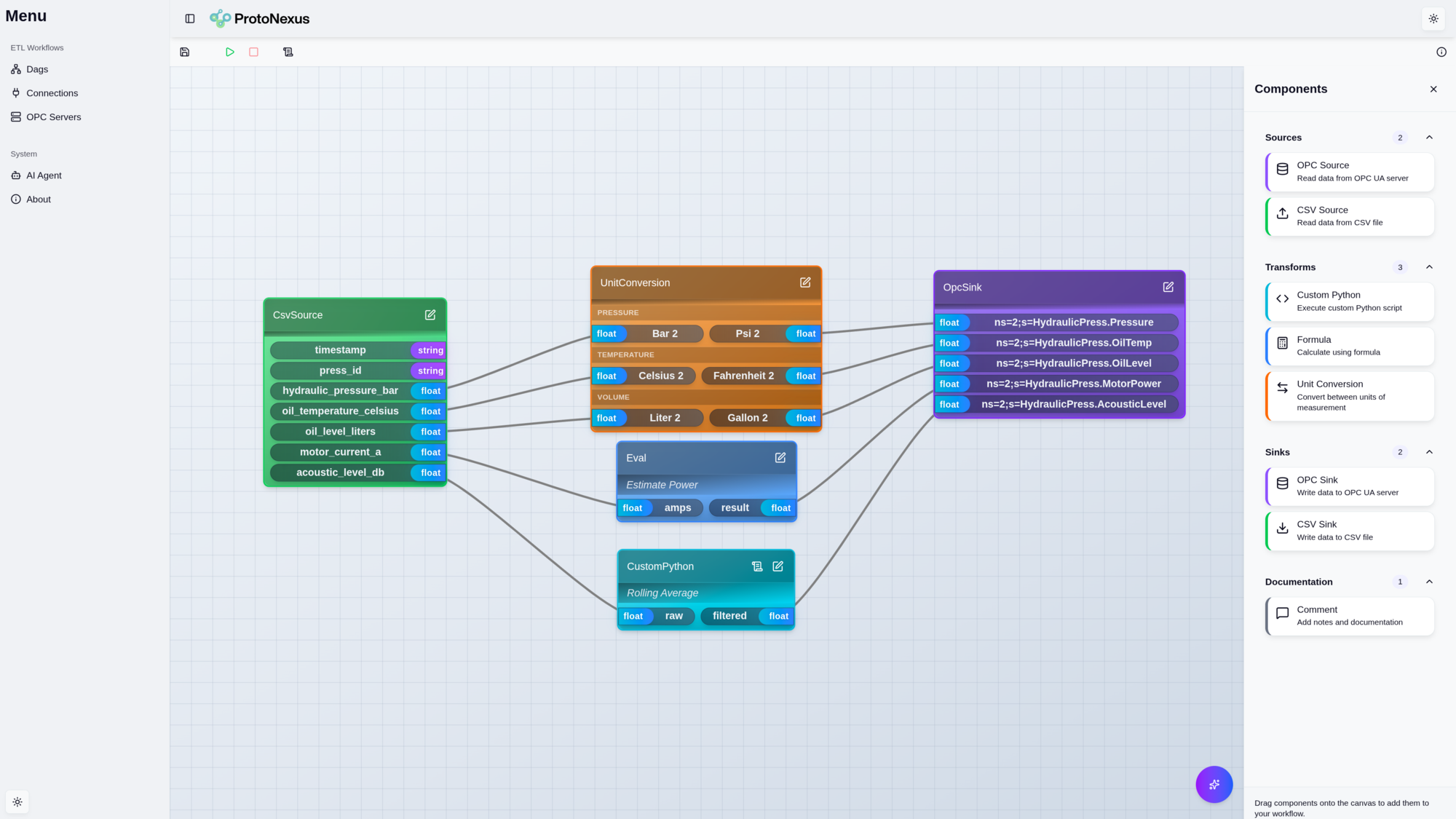 OPC ETL visual DAG builder interface with node palette for OPC UA sources, sinks, and transforms