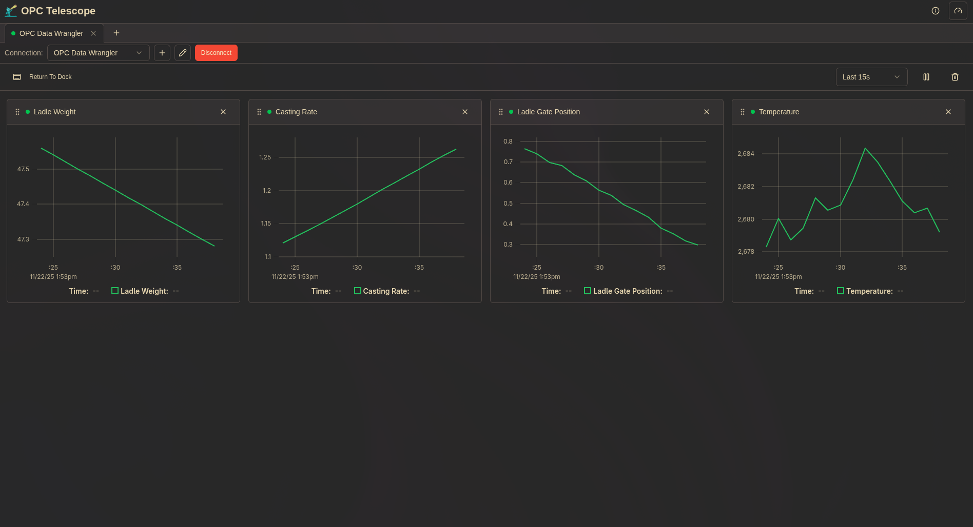 OPC Telescope dashboard displaying multiple monitored tags with real-time values