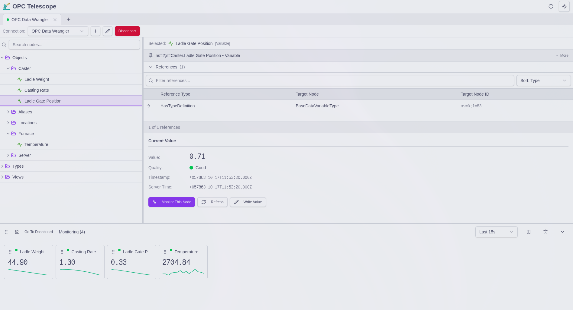 OPC Telescope node details view showing comprehensive node information