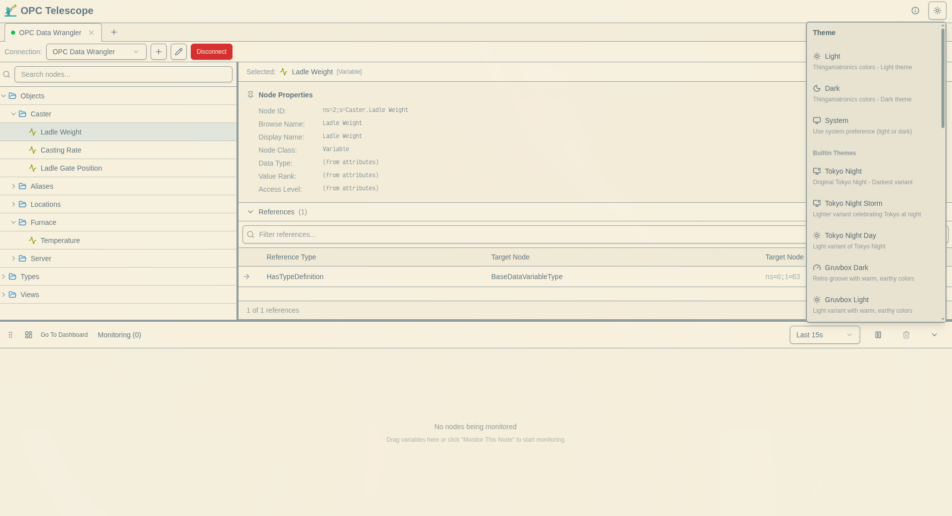 OPC Telescope theme selection showing different visual styles