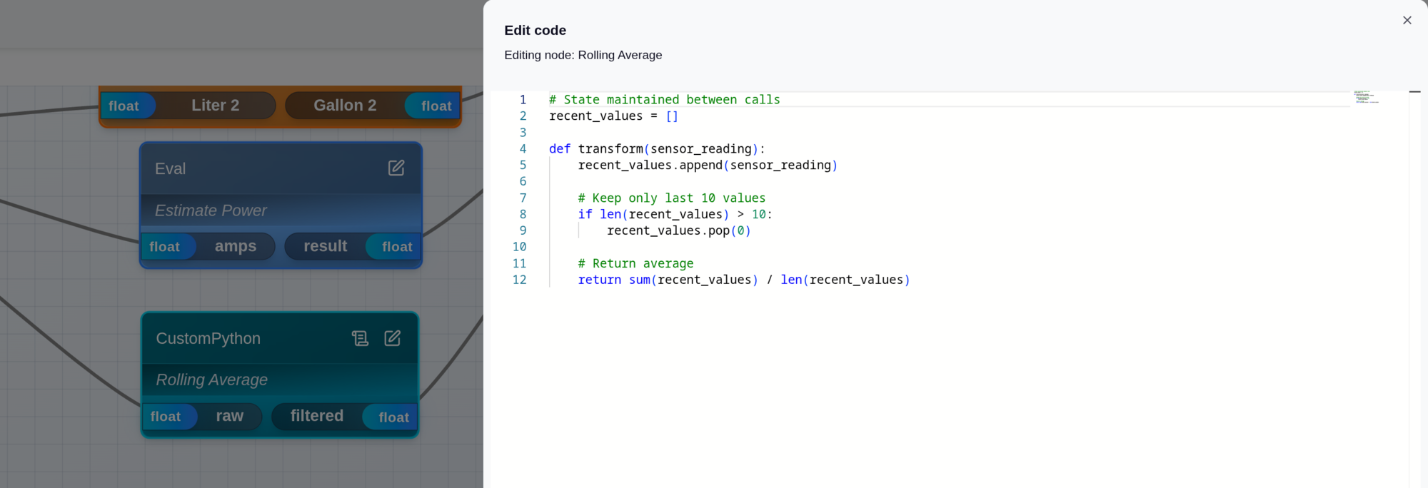Python transform editor for OPC ETL with syntax highlighting and custom data processing logic